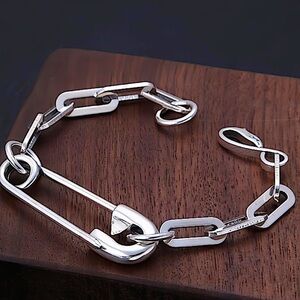 Sterling Silver Safety Pin Bracelet, Chain Link Unisex Birthday Present …